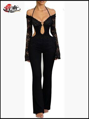 Lace Jumpsuit Long Sleeve Hollow Out Backless Flare Pants Romper
